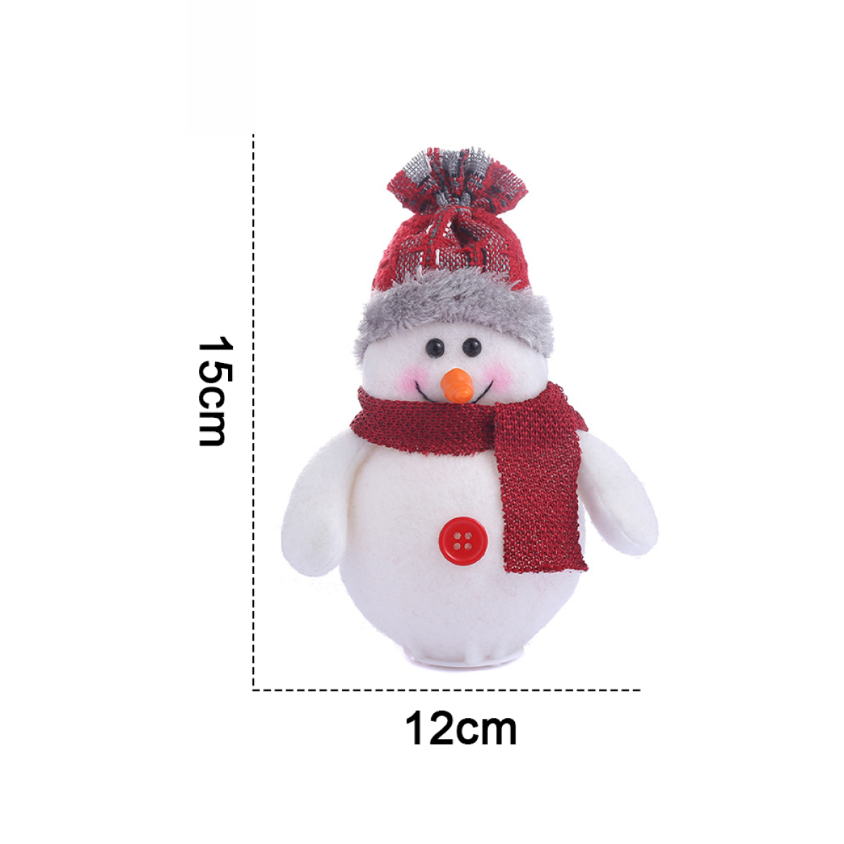 Eine Schneemannfigur mit roter Mütze und Schal, mit Knopf und Maßen in Zentimetern.
