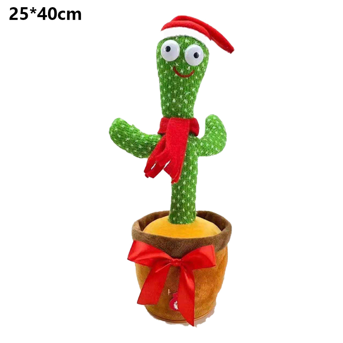 Ein Spielzeugkaktus mit Weihnachtsmütze und Schal steht in einem Topf. Er lächelt.