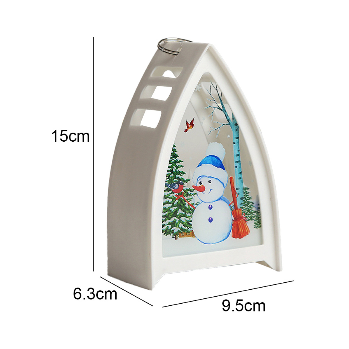 Weiße Weihnachtsdekoration mit Schneemannszene. Abmessungen: 15cm, 6,3cm, 9,5cm.