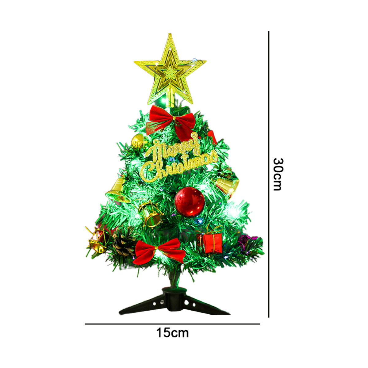 Ein kleiner Weihnachtsbaum mit Stern, roten Schleifen, Glocken, Ornamenten und Lichtern.