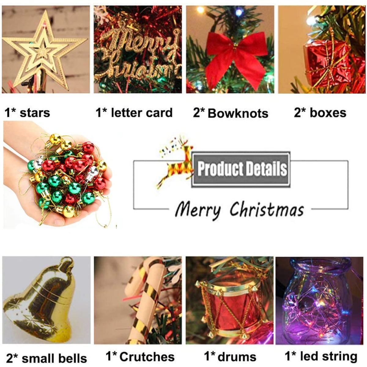Weihnachtliche Bilder. Sterne, Karten, Schleifen, Kisten, kleine Glocken, Krücken, Trommeln, LED-Lichterketten.