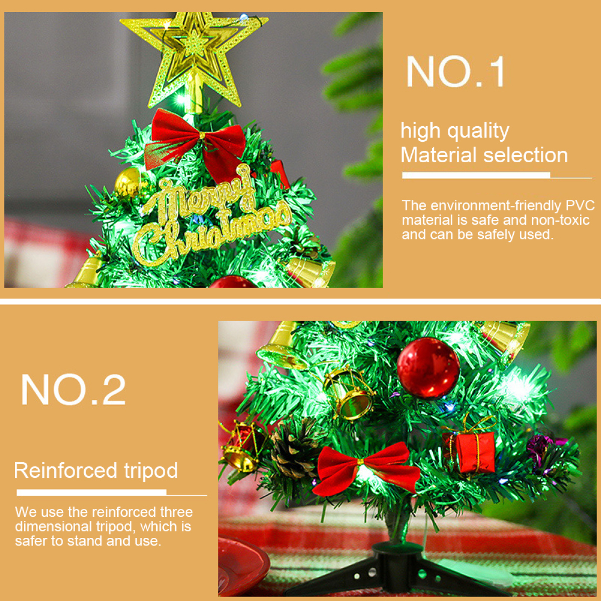 Ein kleiner Weihnachtsbaum mit Dekorationen und Text.