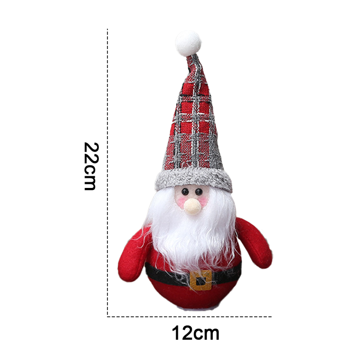 Ein Weihnachtswichtel mit Mütze, Bart und rotem Outfit. Abmessungen: 22 cm x 12 cm.