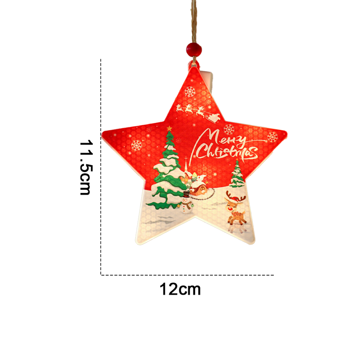 Roter Stern-Weihnachtsschmuck mit Maßen und Weihnachtsbaum-Illustration.