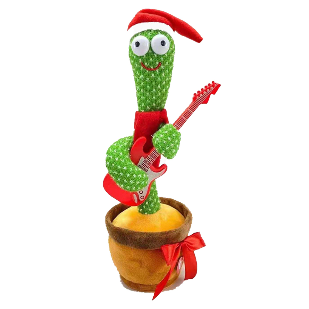 Grünes Kaktusspielzeug mit Weihnachtsmütze und roter Gitarre. Topf ist orange mit Schleife.