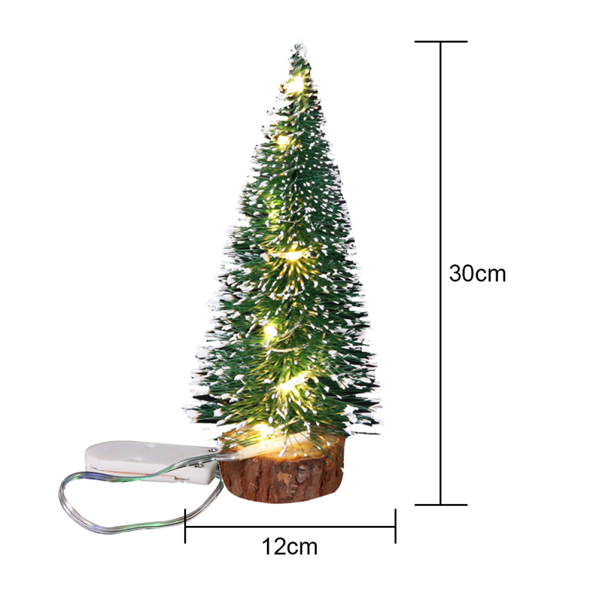 Weihnachtsbaum mit weißem Schnee und LED-Lichtern. 30 cm hoch und 12 cm breit.