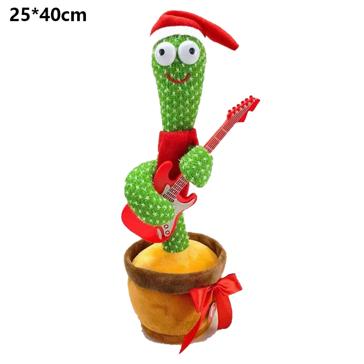 Grünes Kaktusspielzeug mit Weihnachtsmütze und roter Gitarre in einem Blumentopf.
