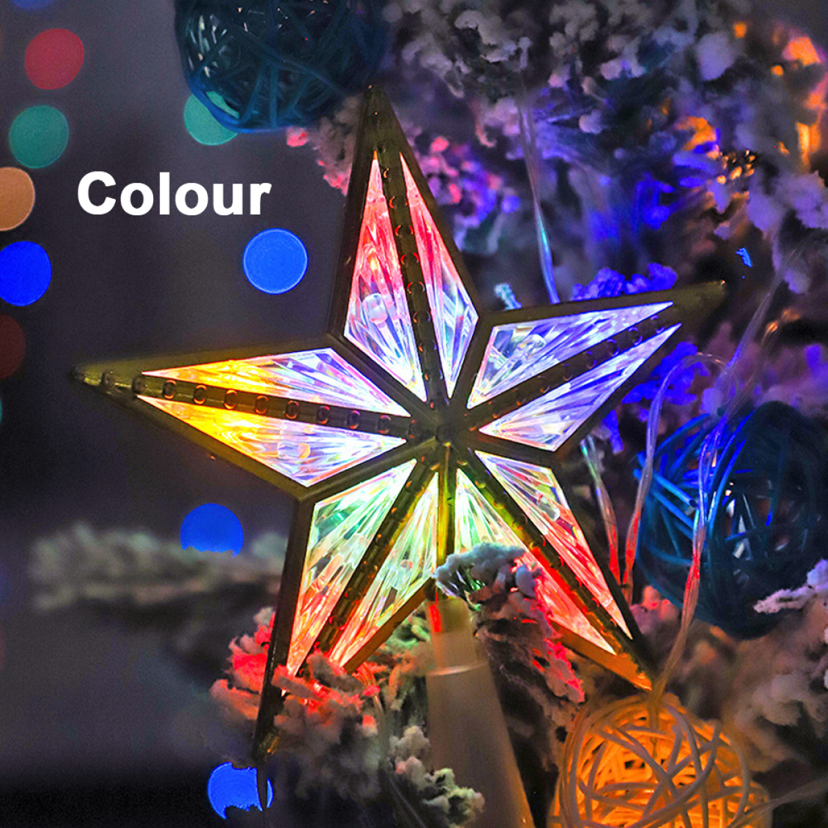 Eine farbenfrohe, beleuchtete Stern-Weihnachtsbaumspitze. Das Wort "Farbe" steht darüber.