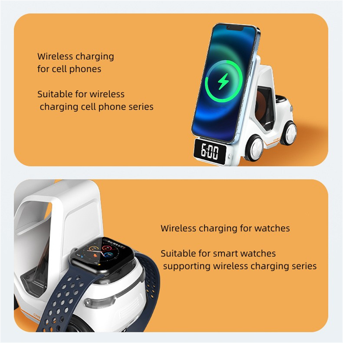Kabellose Ladegeräte für Telefon und Uhr. Text: Kabelloses Laden für Handys und Uhren.