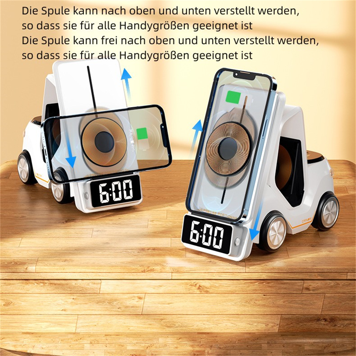 Zwei weiße Ladestationen mit Handys, laden mit Uhranzeige um 6:00 Uhr. Blaue Pfeile.