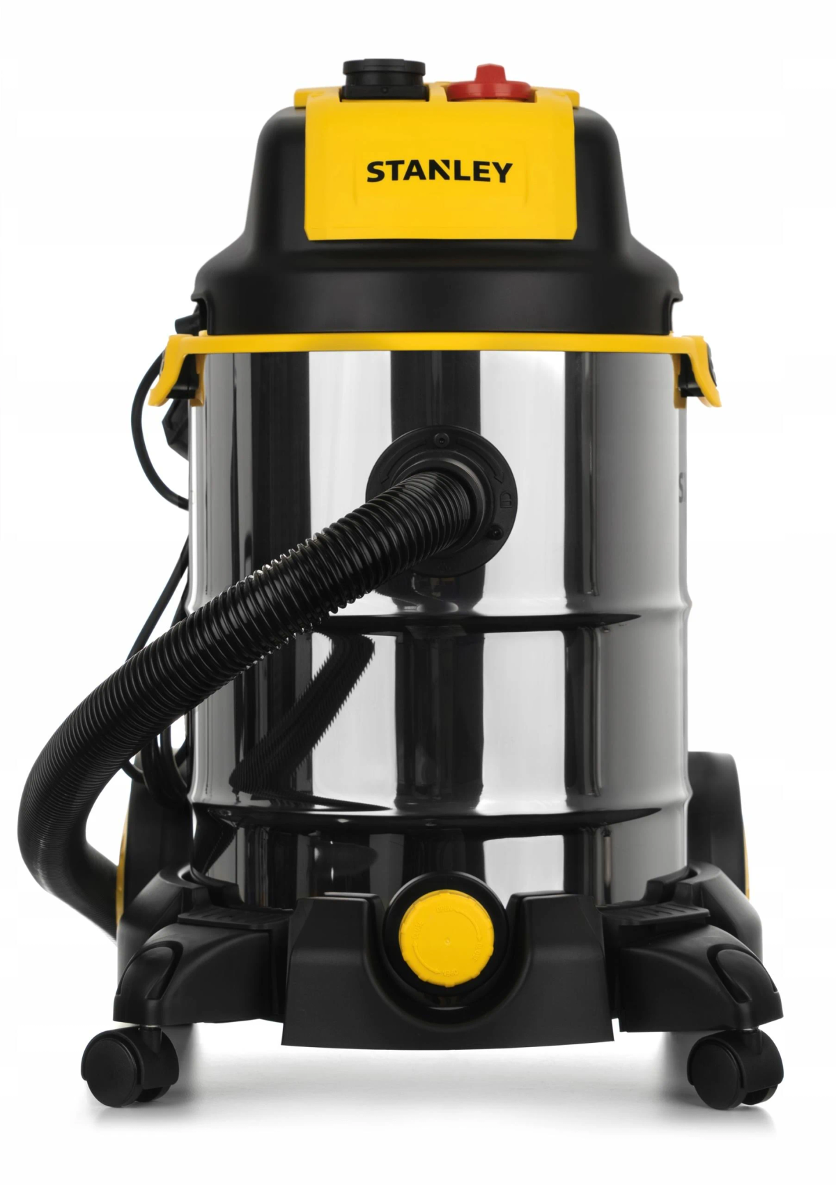 Odkurzacz Stanley. Czarna podstawa ze srebrnym pojemnikiem. Żółte akcenty i logo Stanley.