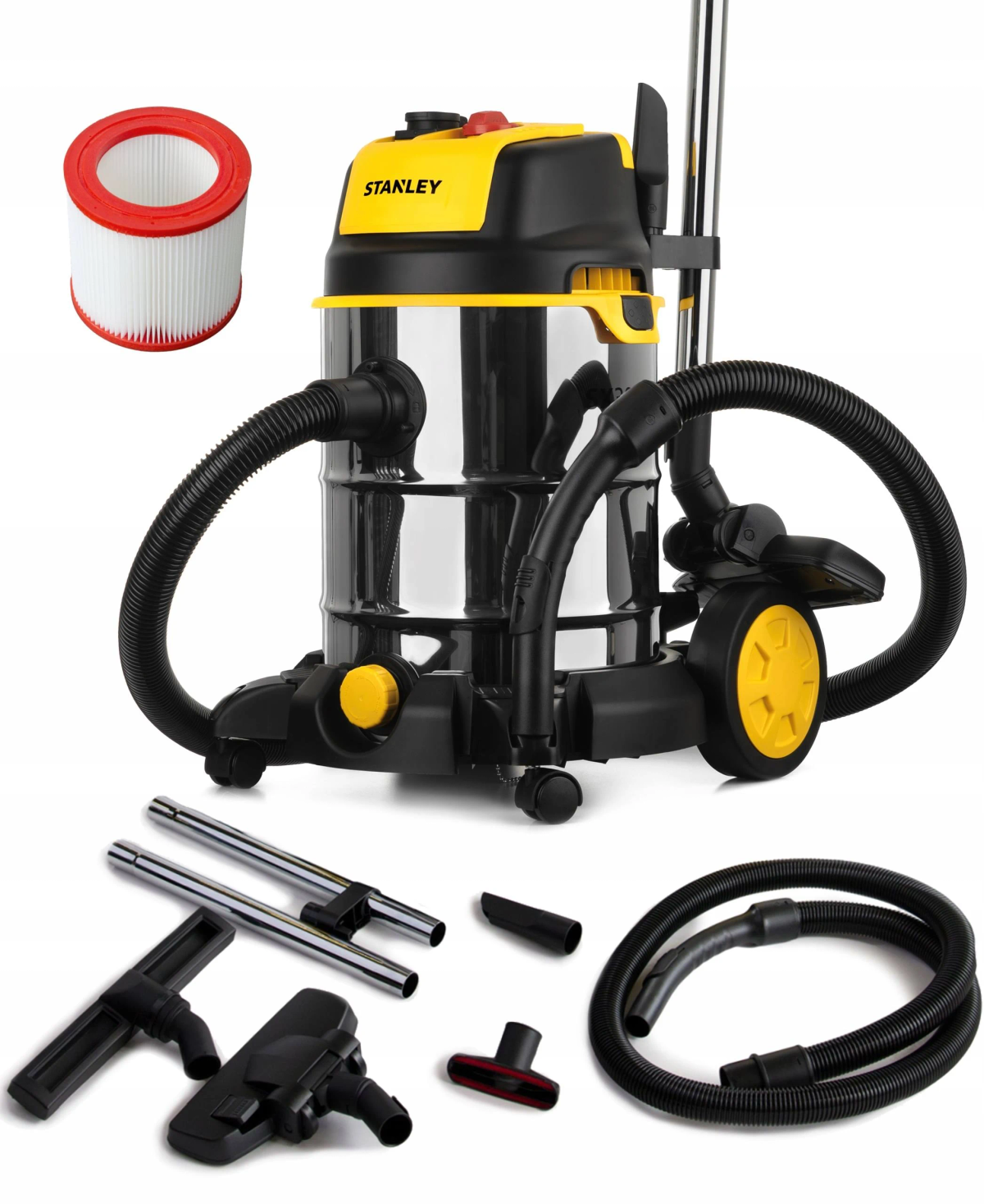 Odkurzacz z różnymi nasadkami i filtrem zamiennym.