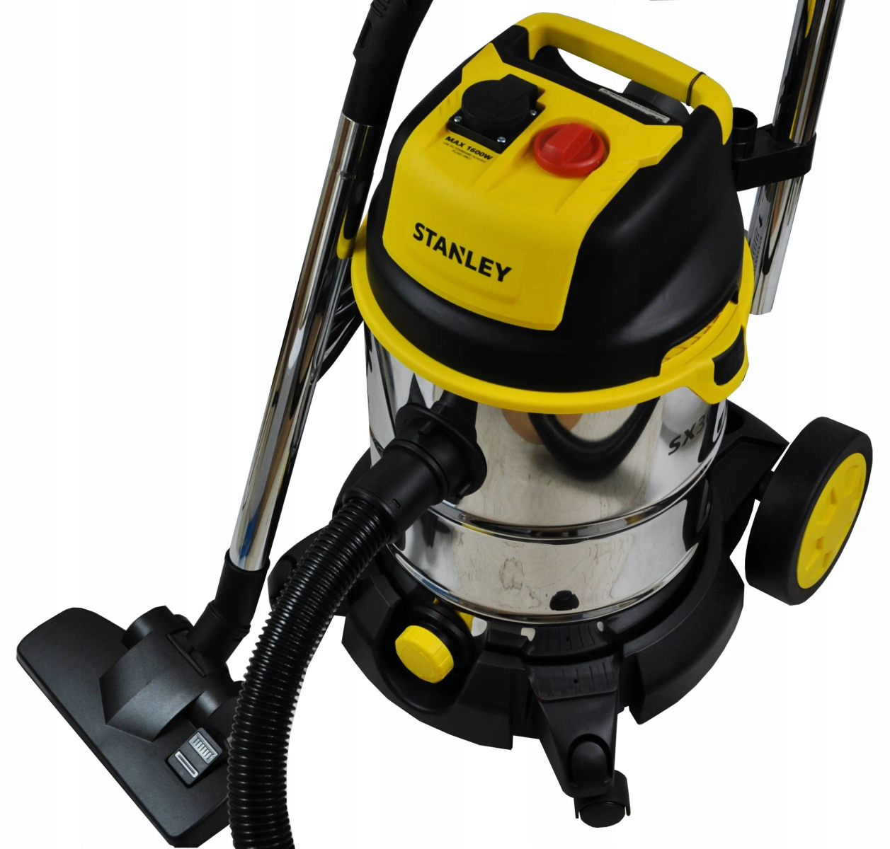 Żółto-czarny odkurzacz Stanley, z dyszą i podłączonym wężem.