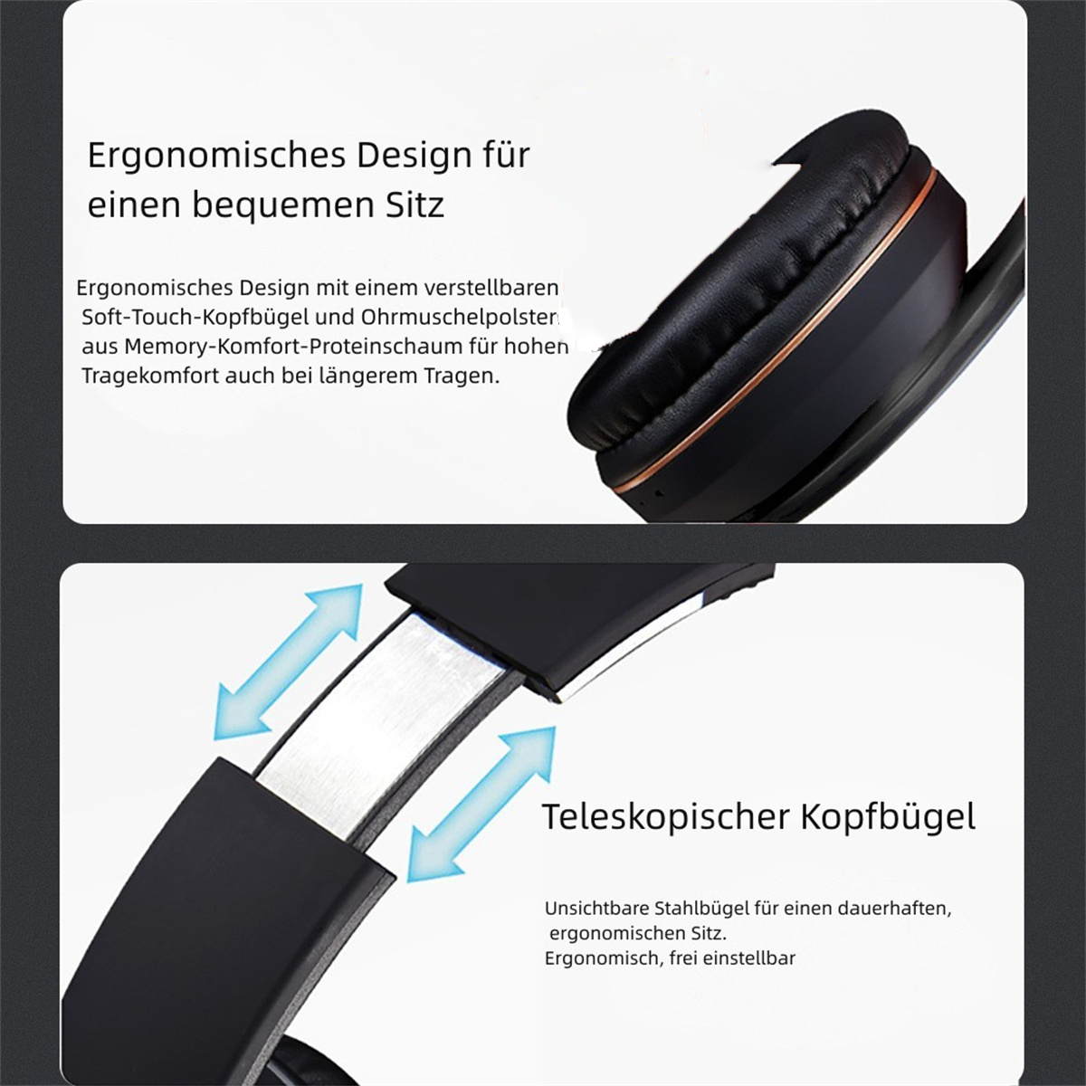 Kopfhörer mit Text über ergonomisches Design und Teleskop-Kopfband.
