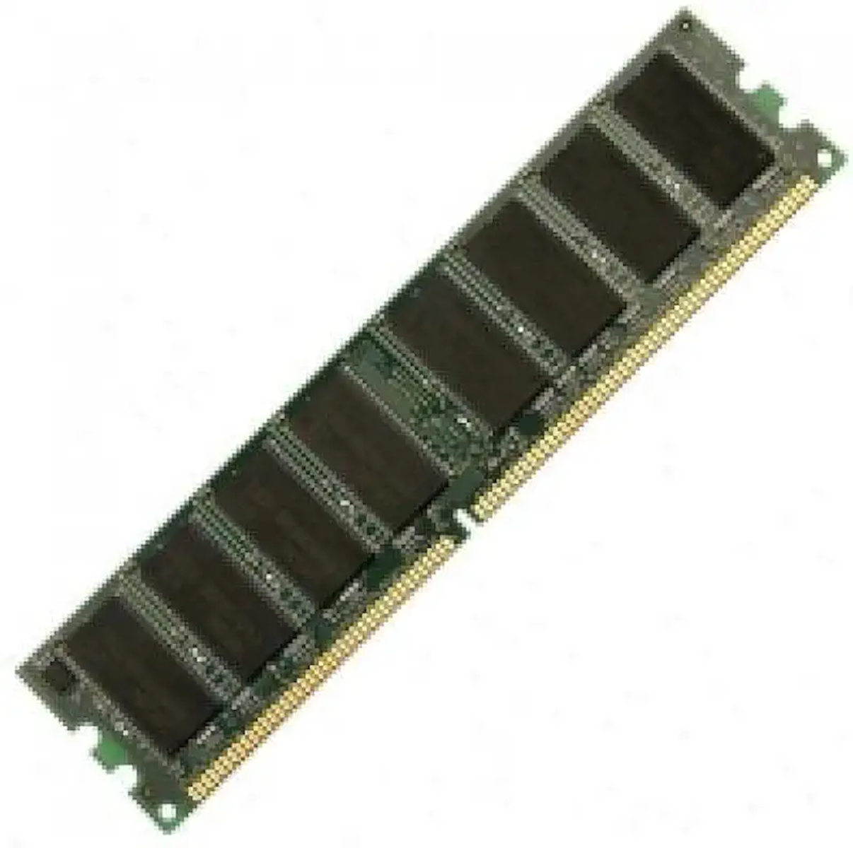 Un modulo RAM verde con chip neri, su sfondo bianco.