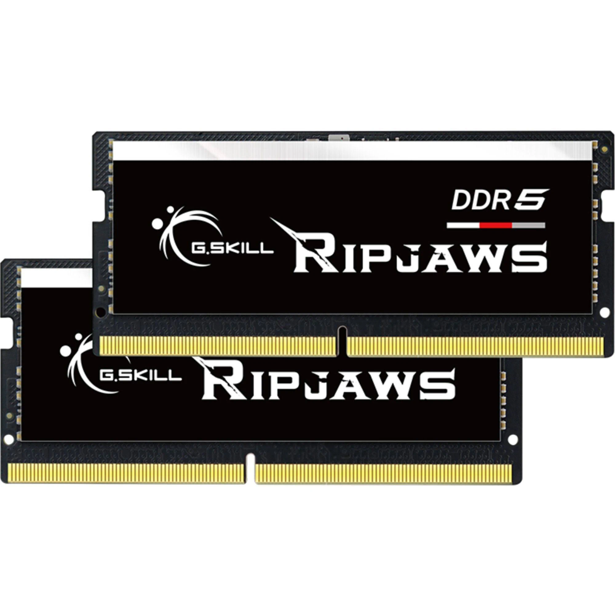Dwa czarne moduły RAM z napisem G.SKILL RIPJAWS DDR5. Moduły są czarne ze złotymi złączami.