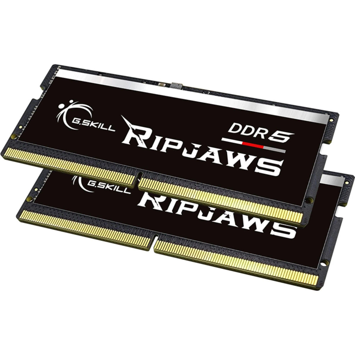 Dwa czarne moduły RAM ze złotymi złączami, z napisem Ripjaws DDR5 firmy G.Skill. Czarne tło.