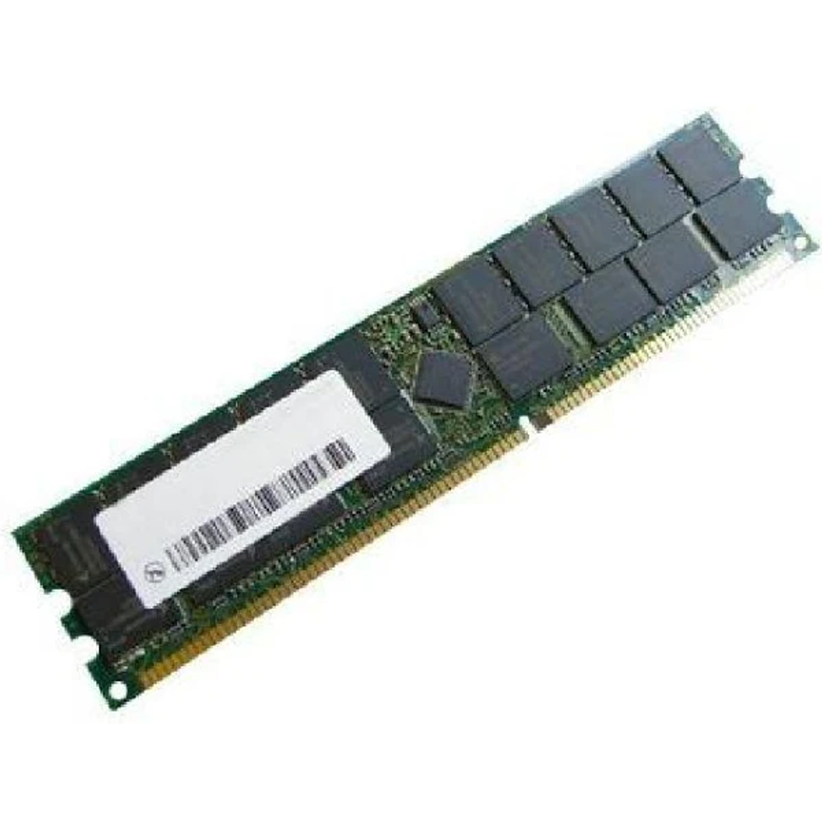 Stick RAM per computer, circuito stampato verde con chip di memoria neri ed etichetta bianca.