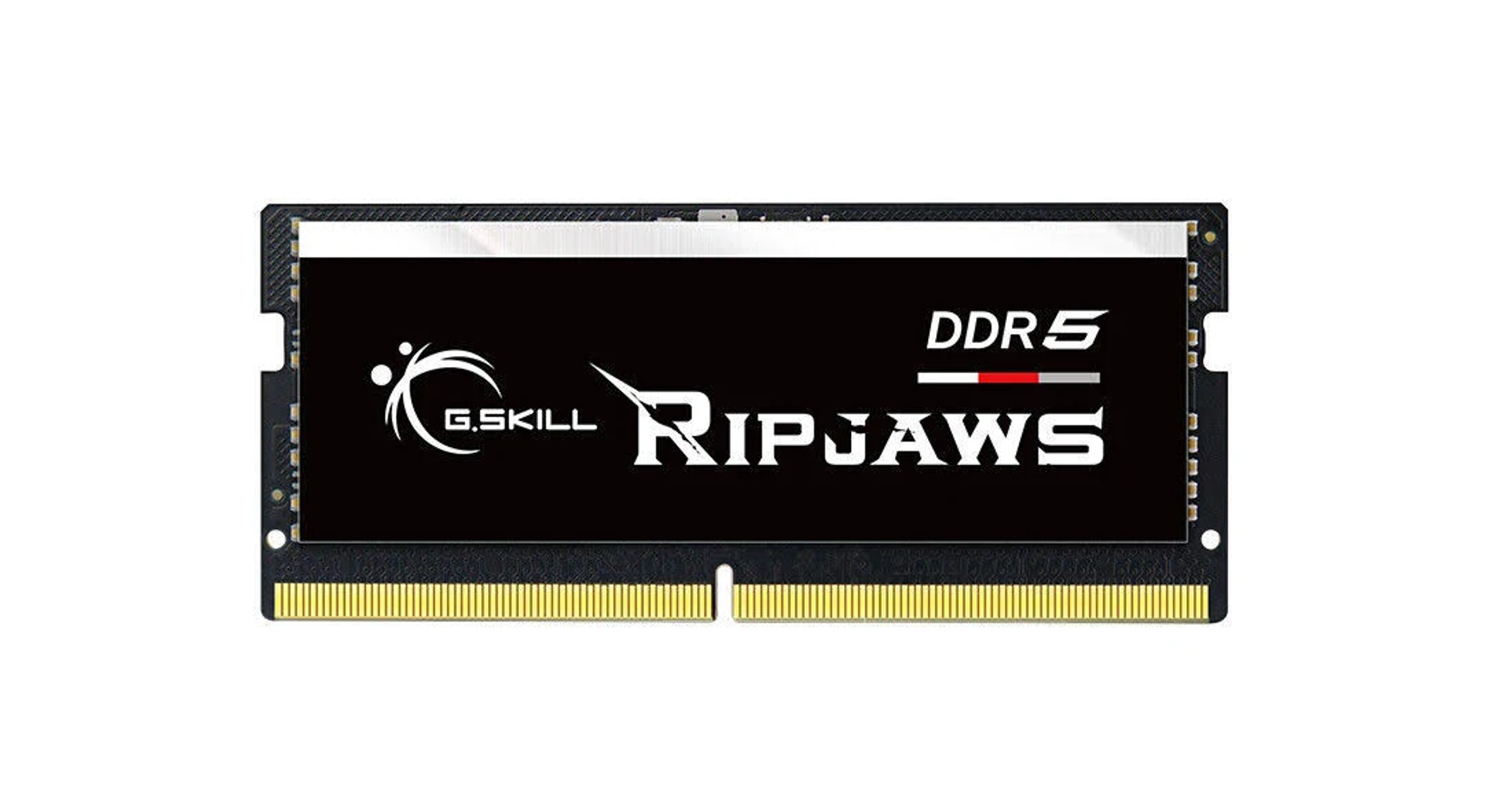 Czarny i złoty moduł pamięci RAM. Czarna etykieta mówi DDR5, G.Skill Ripjaws.