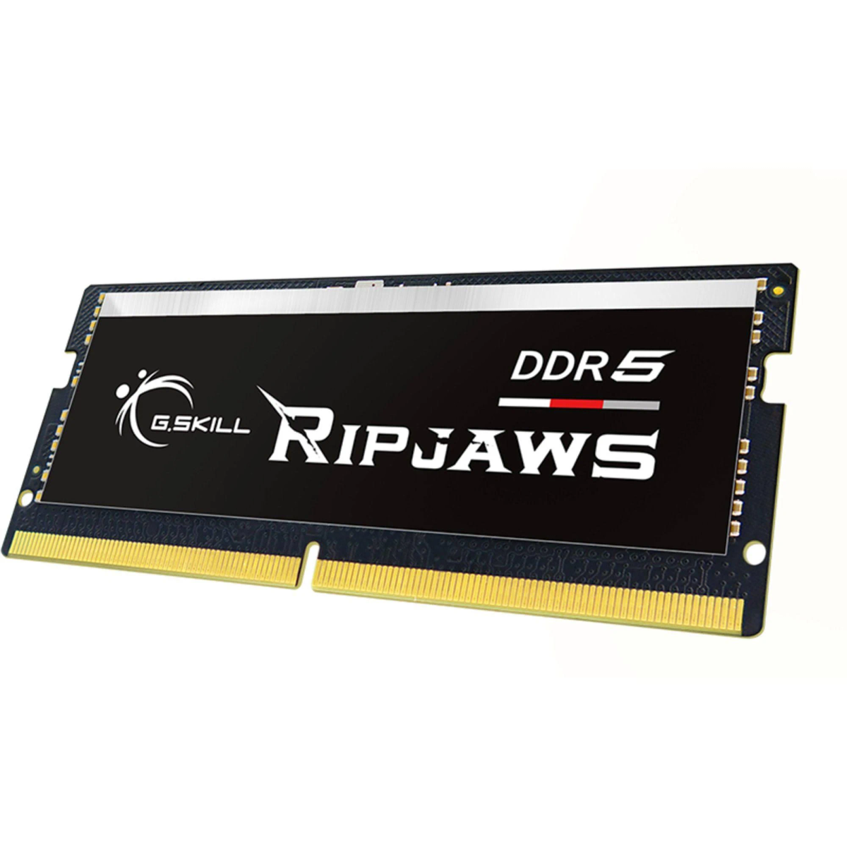 Moduł RAM G.Skill Ripjaws DDR5, czarny z białym tekstem, na białym tle.