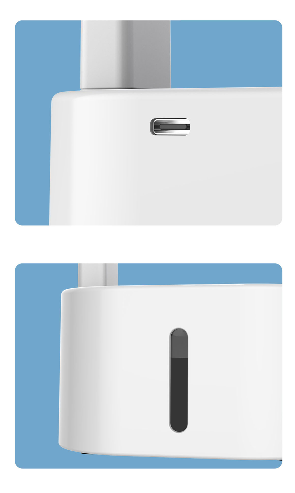 Nahaufnahme eines weißen Ladegeräts mit USB-C-Anschluss und kleiner Lüftung, blauem Hintergrund.