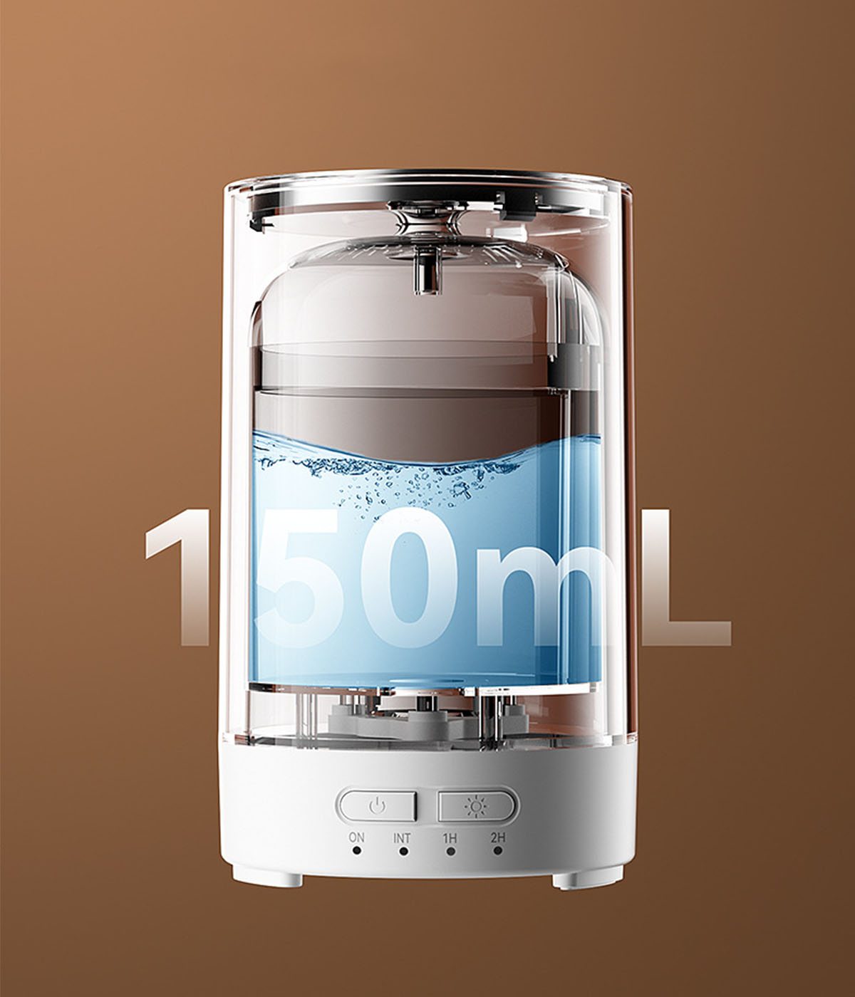Transparenter Luftbefeuchter mit Wasser und 150 ml Text. Braun-weißes Farbschema.