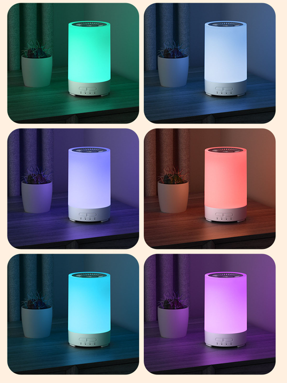 Sechs Farbwechsel-Lampen in einer Reihenfolge: grün, weiß, blau, rot, hellblau und lila. Kleine Pflanzen.