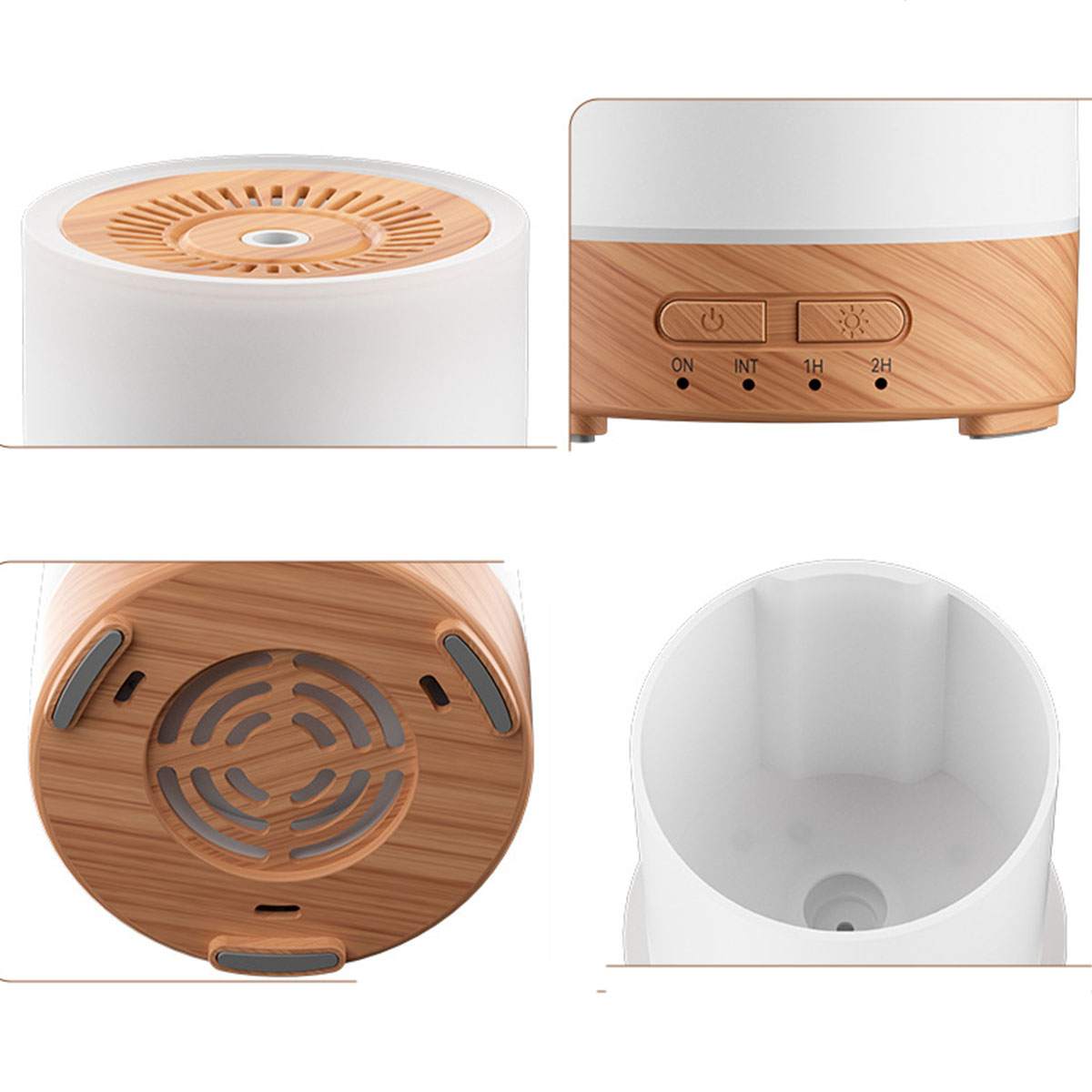 Nahaufnahme eines weißen und Holzmaserung Aroma Diffusors mit Knöpfen und Luftauslässen.