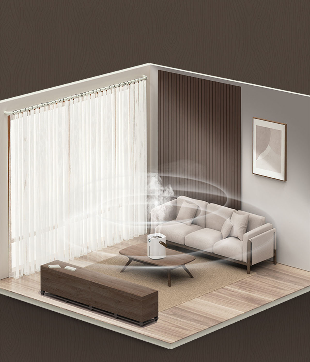 Ein Raum mit weißem Vorhang, beigem Sofa, einem Holztisch und einem Luftbefeuchter.