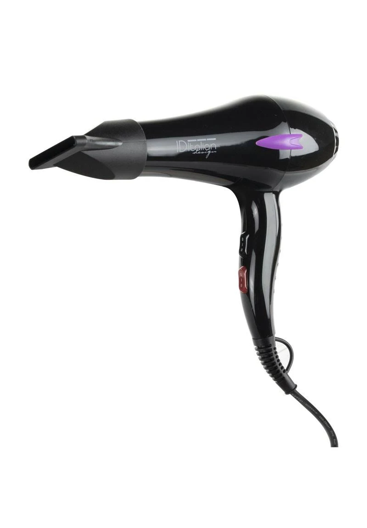 Czarna suszarka do włosów z dyszą, fioletowym przyciskiem i czerwonym przełącznikiem.