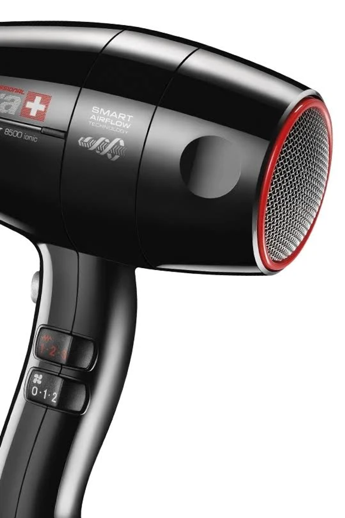 Schwarzer Haartrockner mit roten Akzenten. Knöpfe: "1-2-3" und "0-1-2". Mit "Smart Airflow Technology".