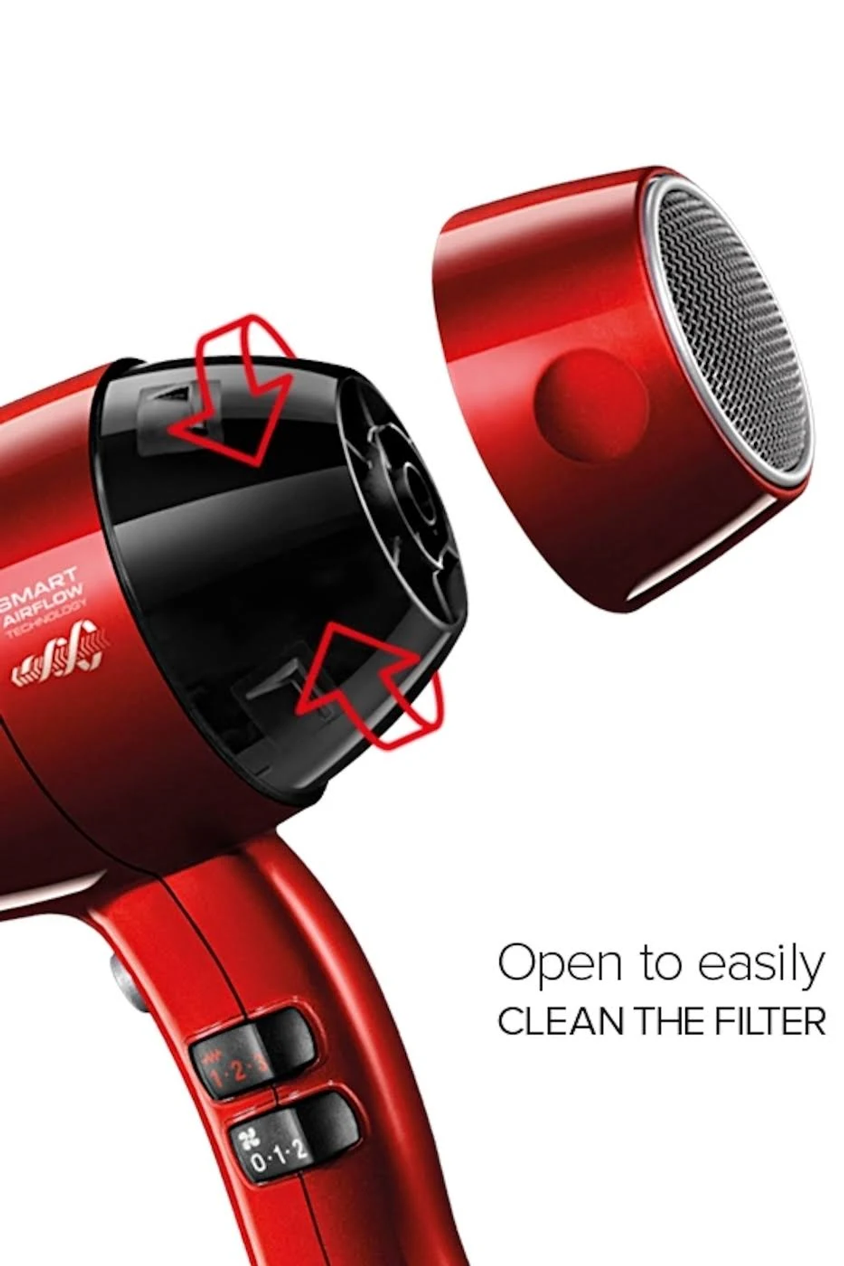Roter Haartrockner mit abgenommener Düse. Text: 'Open to easily clean the filter'.