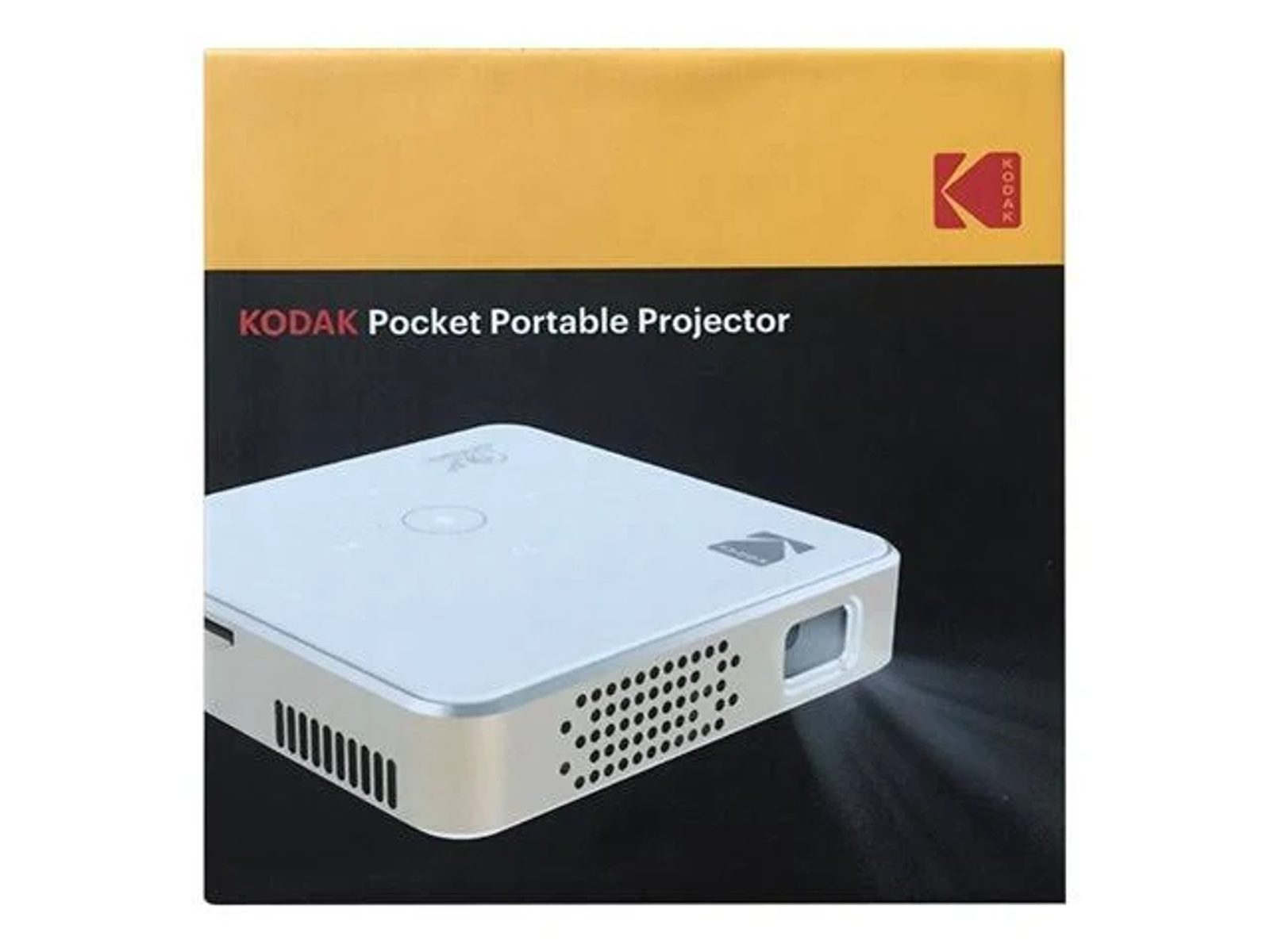 Proyector de bolsillo Kodak en una caja. Proyector blanco, texto negro y fondo amarillo.
