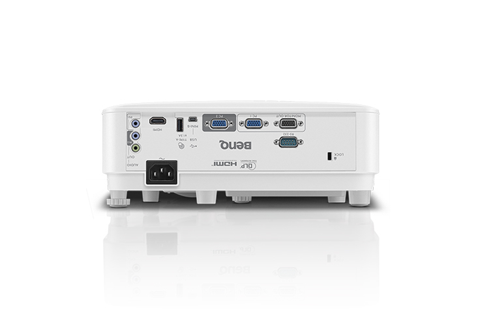 Arrière d'un projecteur blanc avec ports. Texte : BenQ. Ports incluent HDMI, USB et audio.