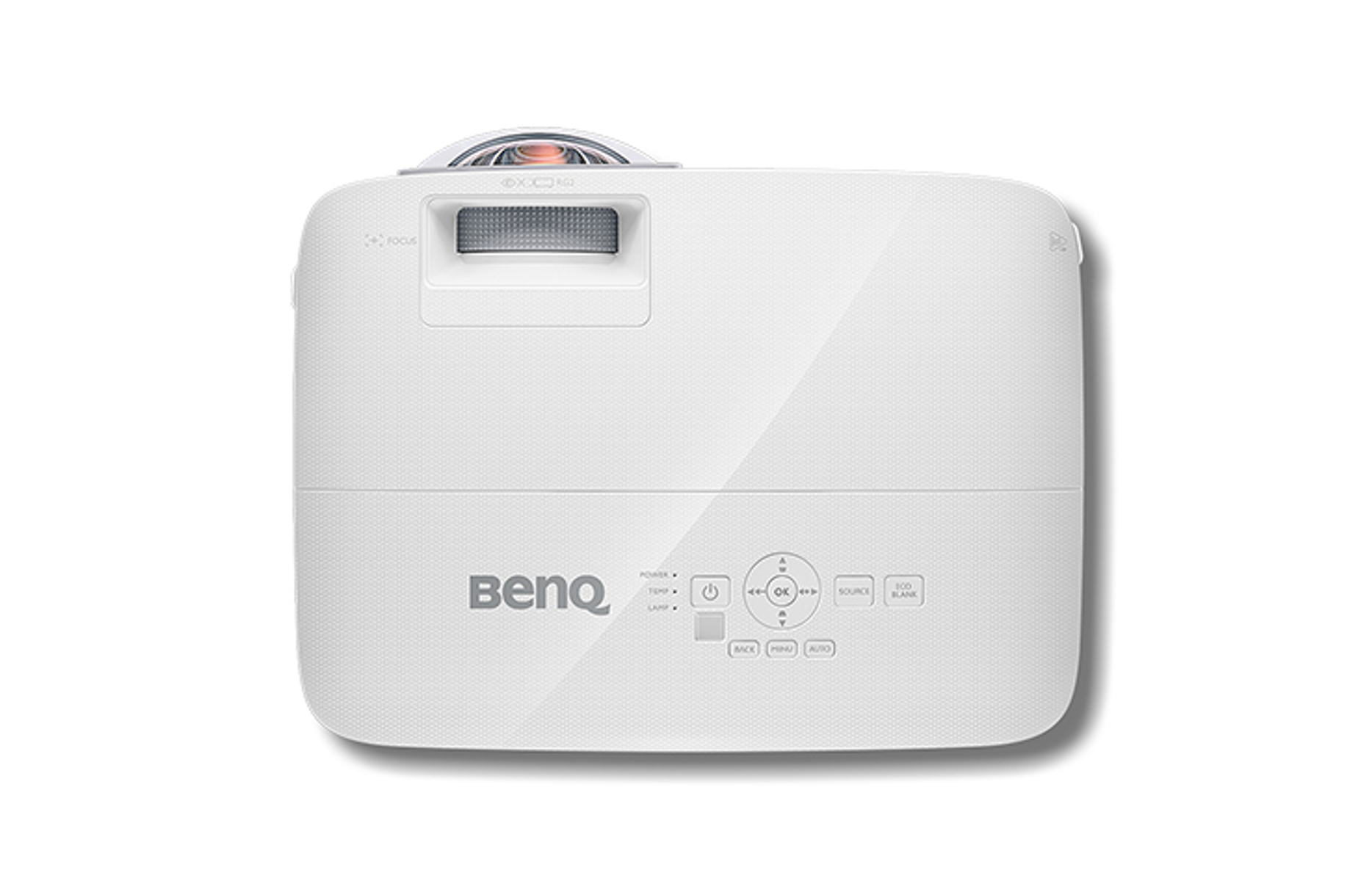Un projecteur blanc avec la marque BenQ, vue de dessus.
