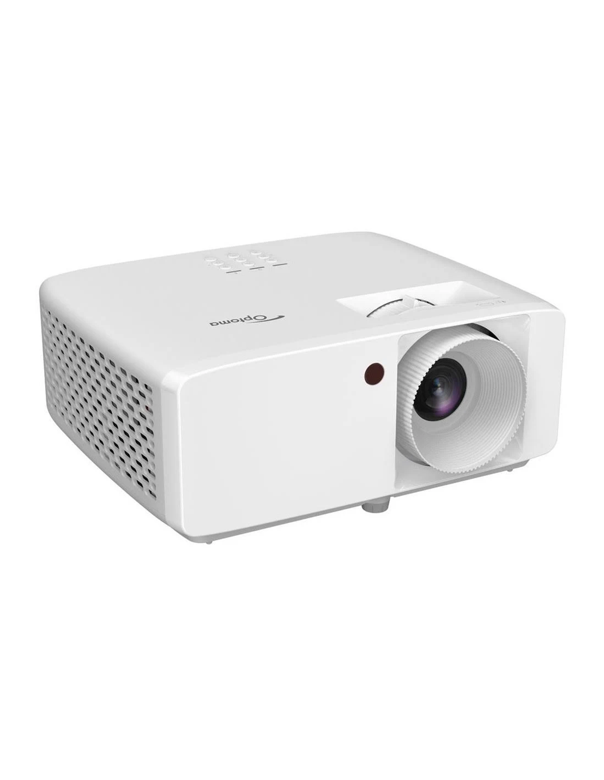 Biały projektor z obiektywem, na białym tle.