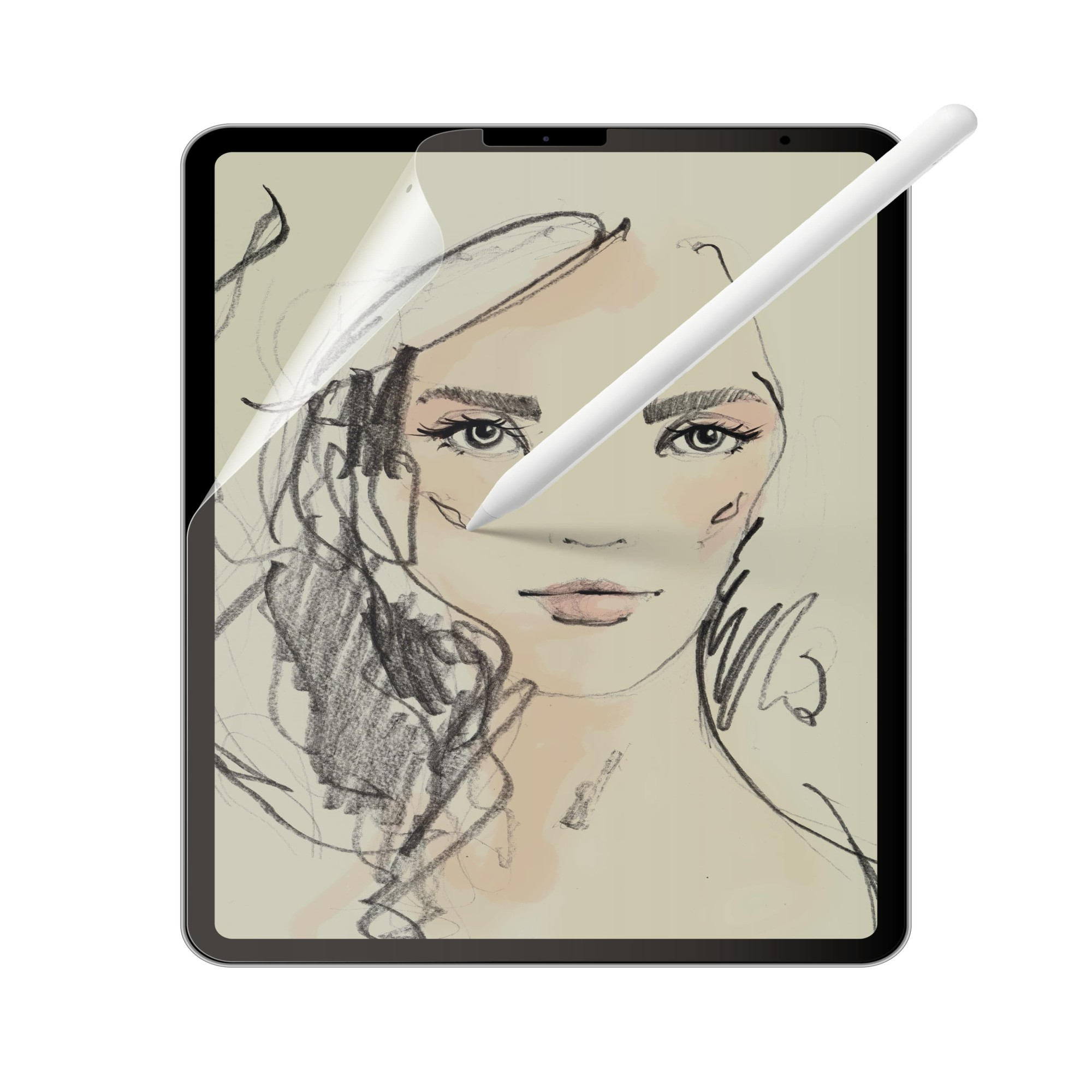 Un tablet con una protezione schermo, che mostra un disegno di una donna. Una penna bianca è sospesa sopra lo schermo.