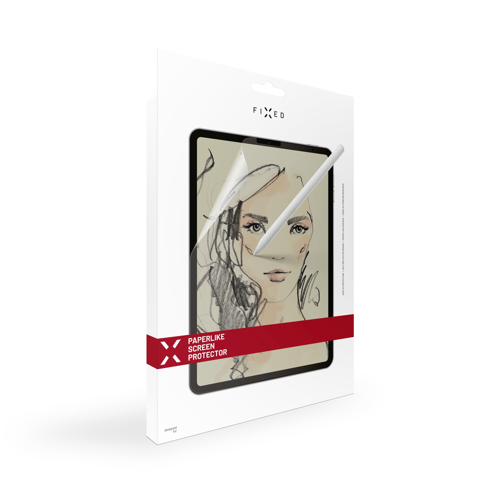 Una scatola bianca con un tablet e una protezione per lo schermo, con un disegno di un volto.