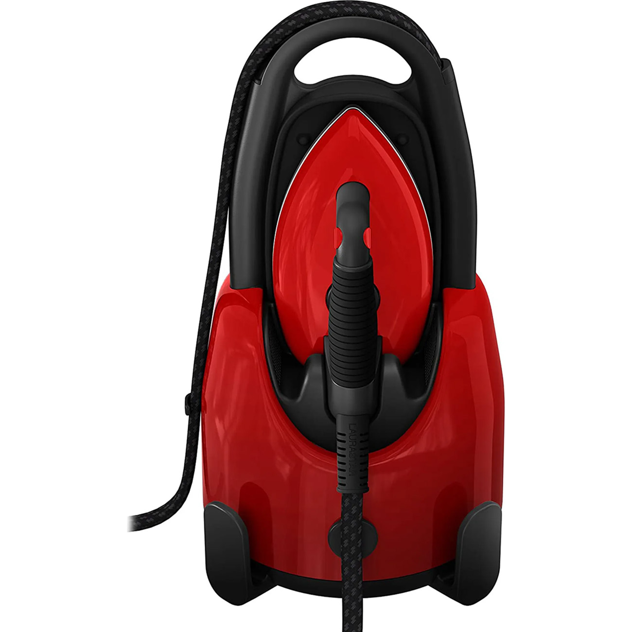 Rotes und schwarzes Dampfbügeleisen. Der Griff ist schwarz, die Basis rot. Schwarzes Kabel befestigt.