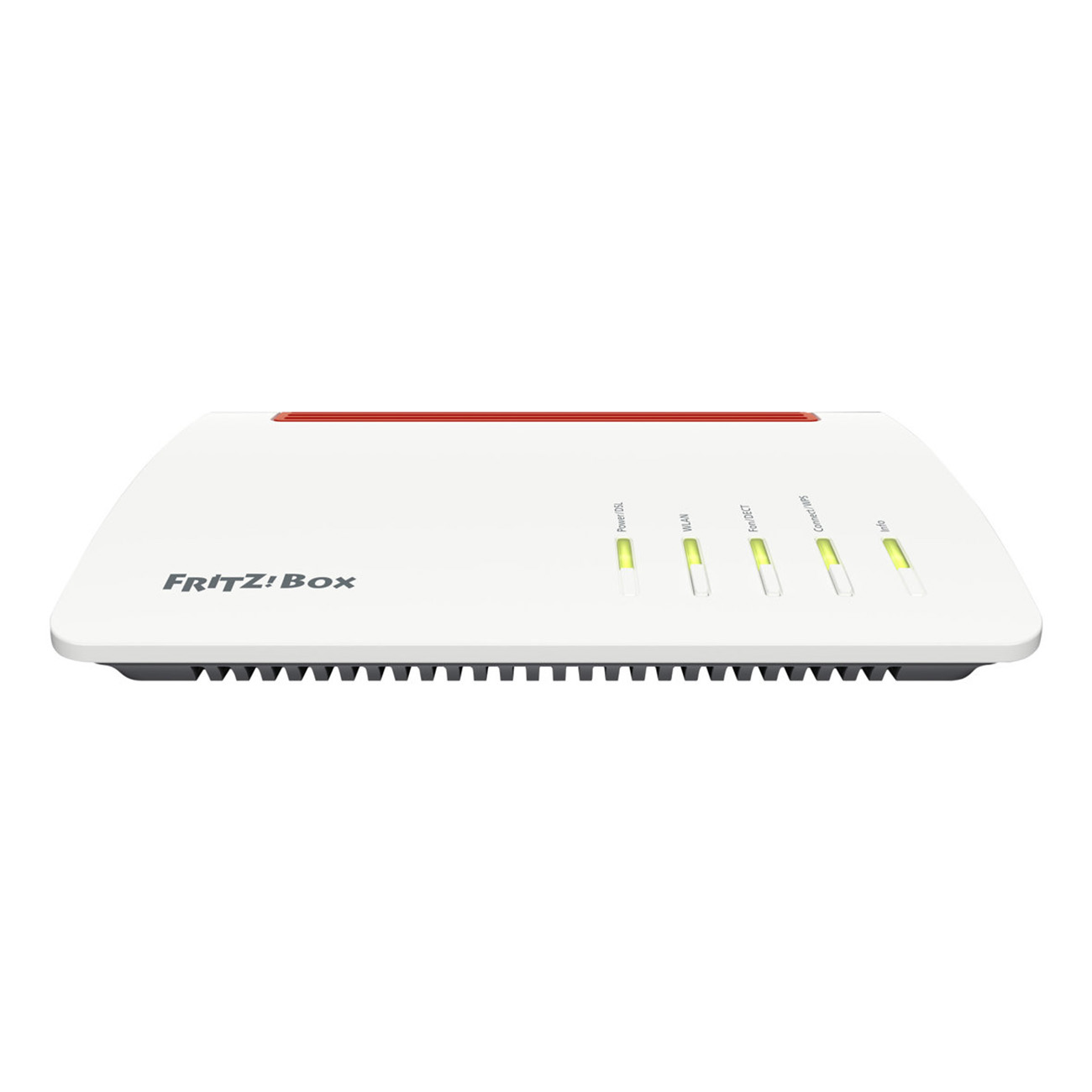 Witte FRITZ!Box-router met stroom, WLAN, internet en info-lampjes. Schuin bovenaan.
