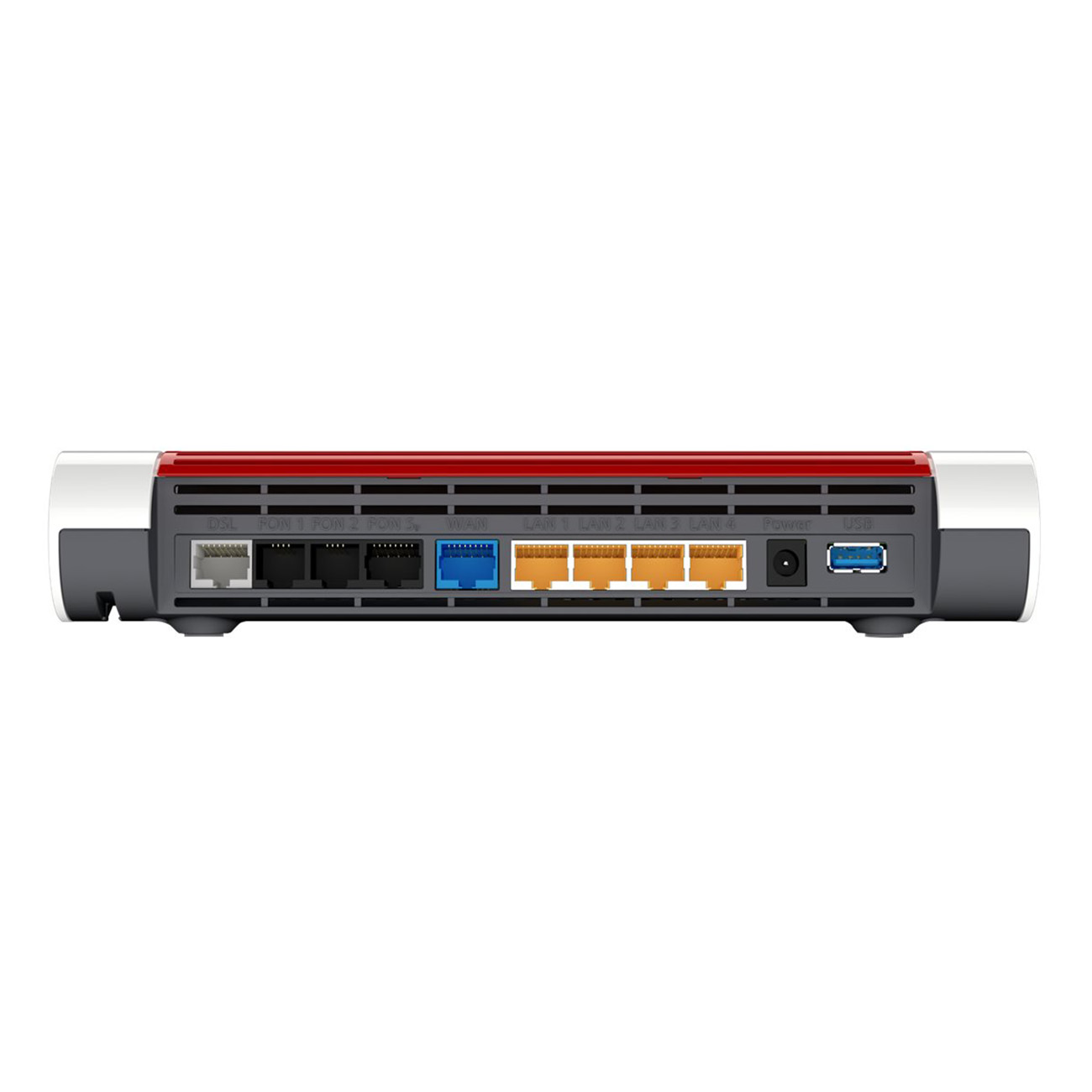 Achteraanzicht van een zwarte en rode router met poorten. Witte achtergrond.