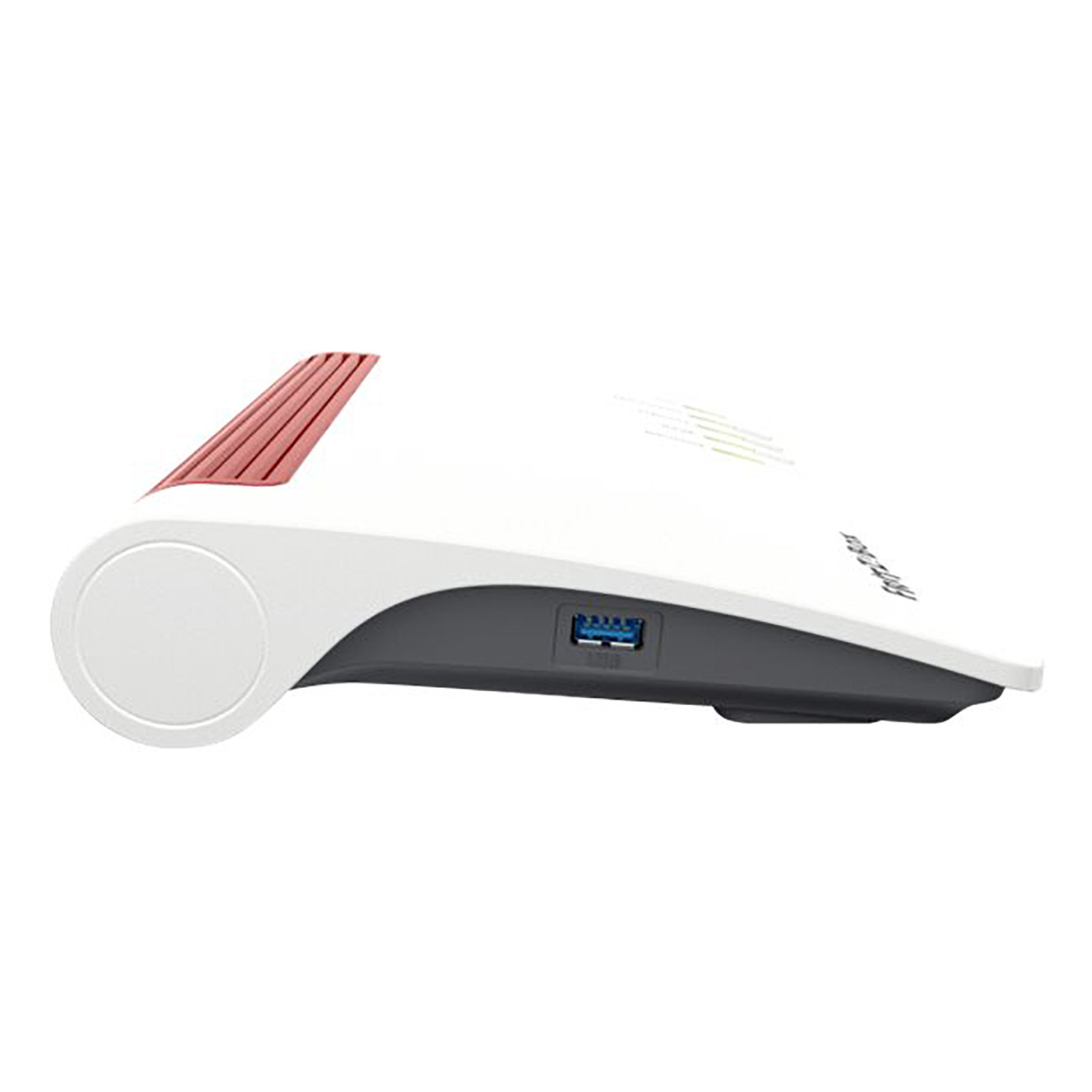 Witte en grijze router. Roodgekleurde vinnen aan de bovenkant. USB-poort aan de zijkant.