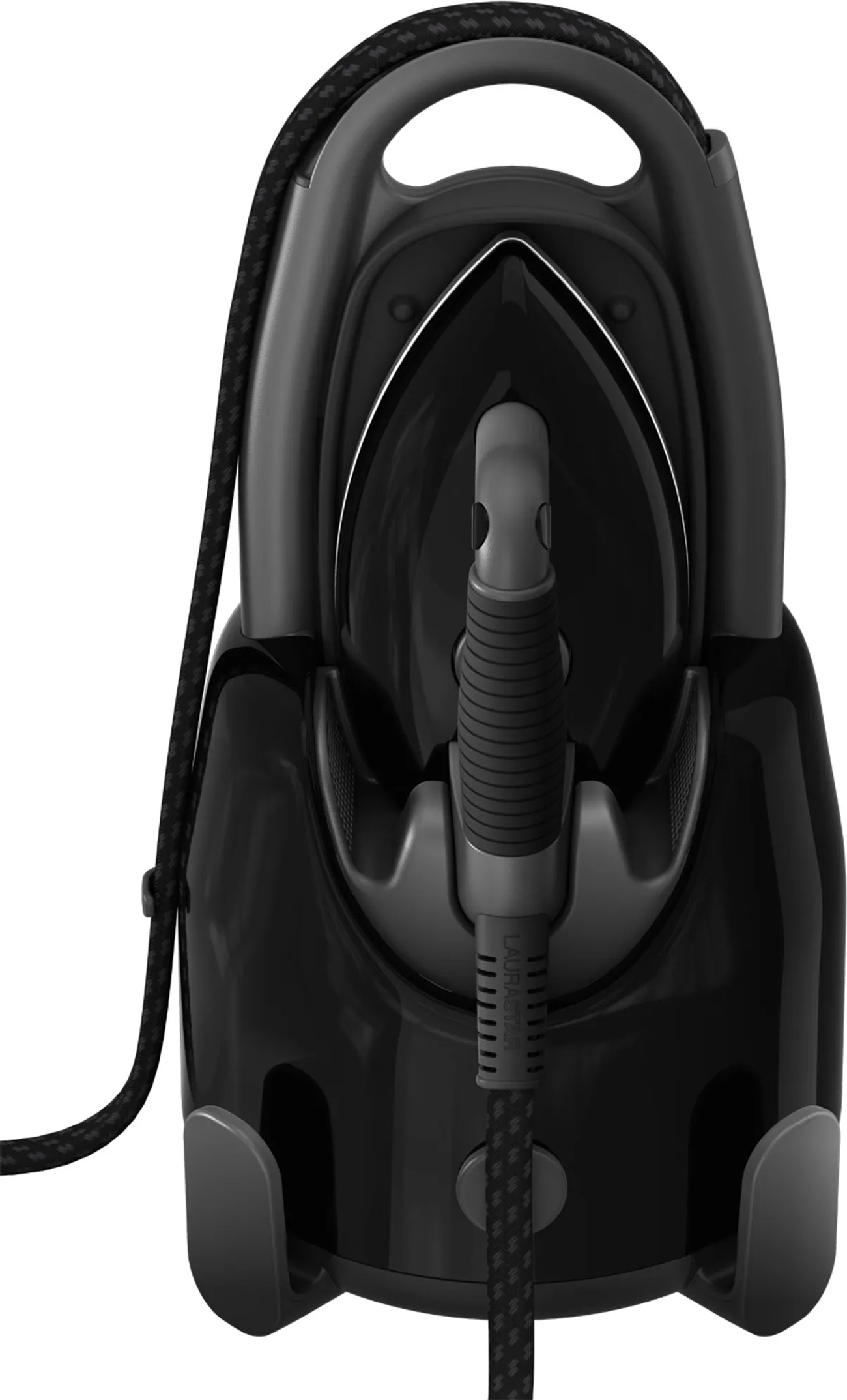 Schwarzes Bügeleisen mit schwarzem Ständer. Schwarzes Kabel ist sichtbar.