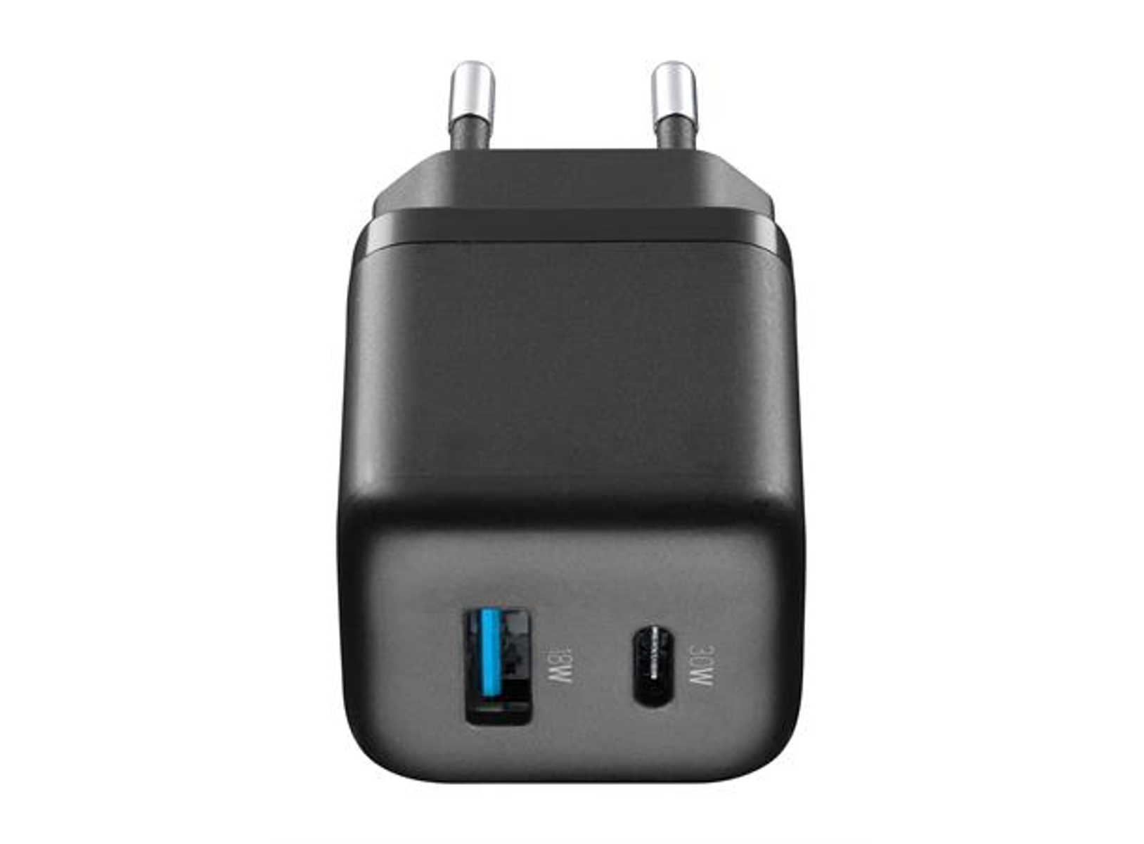 Caricabatterie per telefono nero con porta USB e USB-C. Testo 3W e 30W sulle porte.