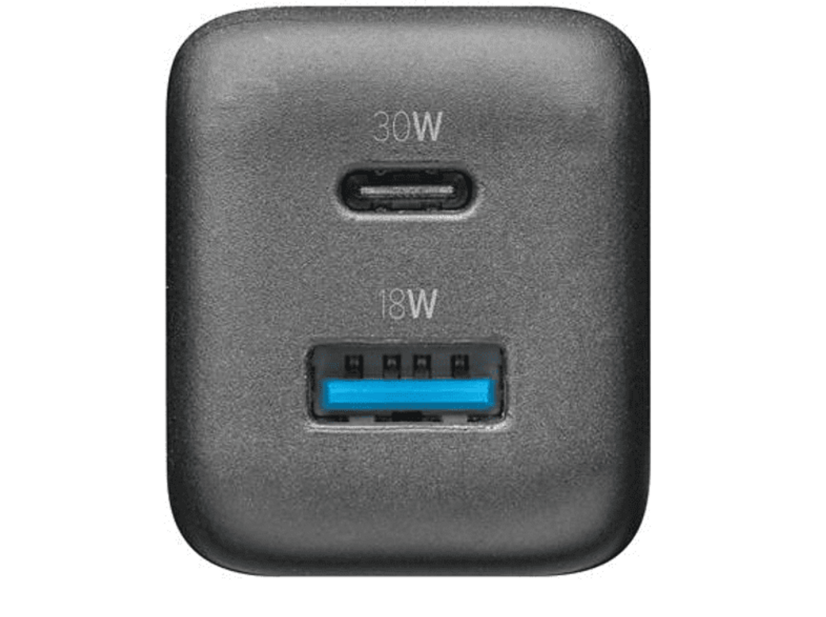 Caricabatterie nero con due porte. Uno è USB-C 30W, l'altro USB-A 18W. Sfondo scuro.