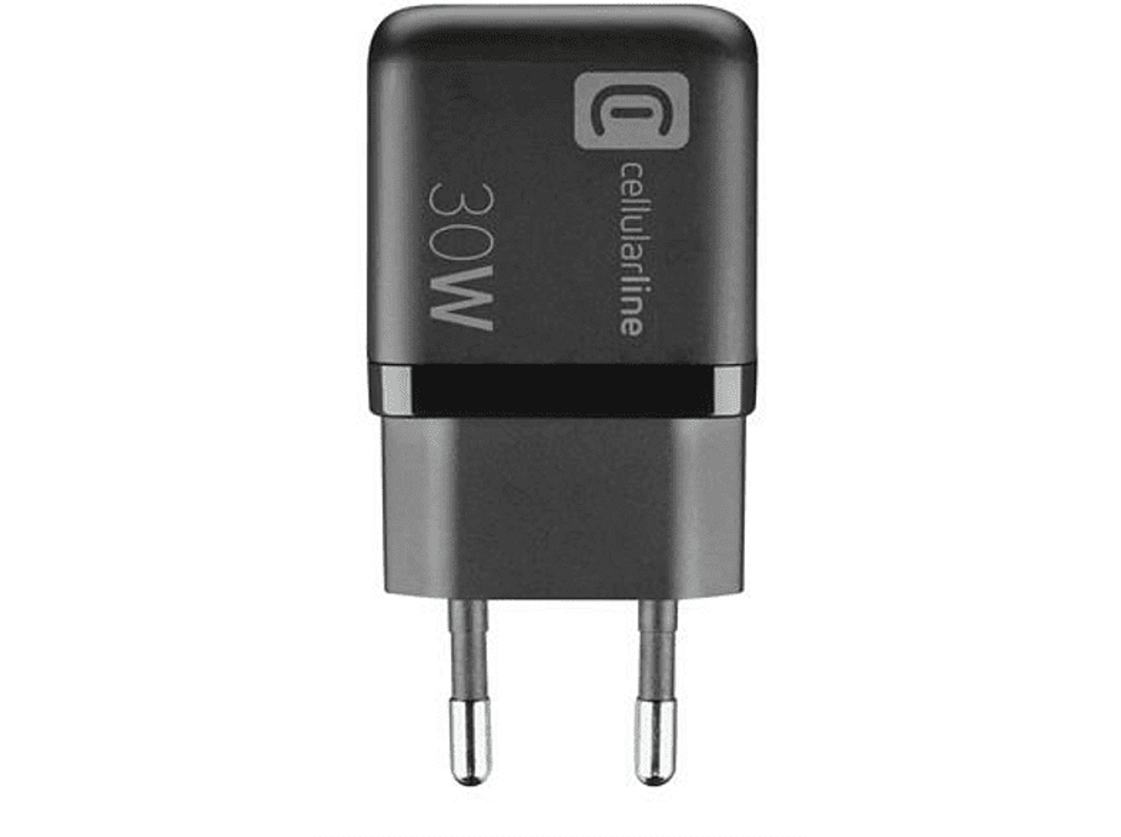 Caricabatterie Cellularline nero da 30W con due pin.