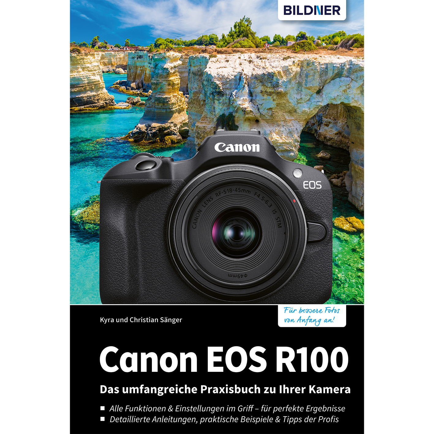 Buchcover mit einer Kamera darauf. Der Hintergrund ist eine schöne Landschaft. Text: 'Canon EOS R100'.