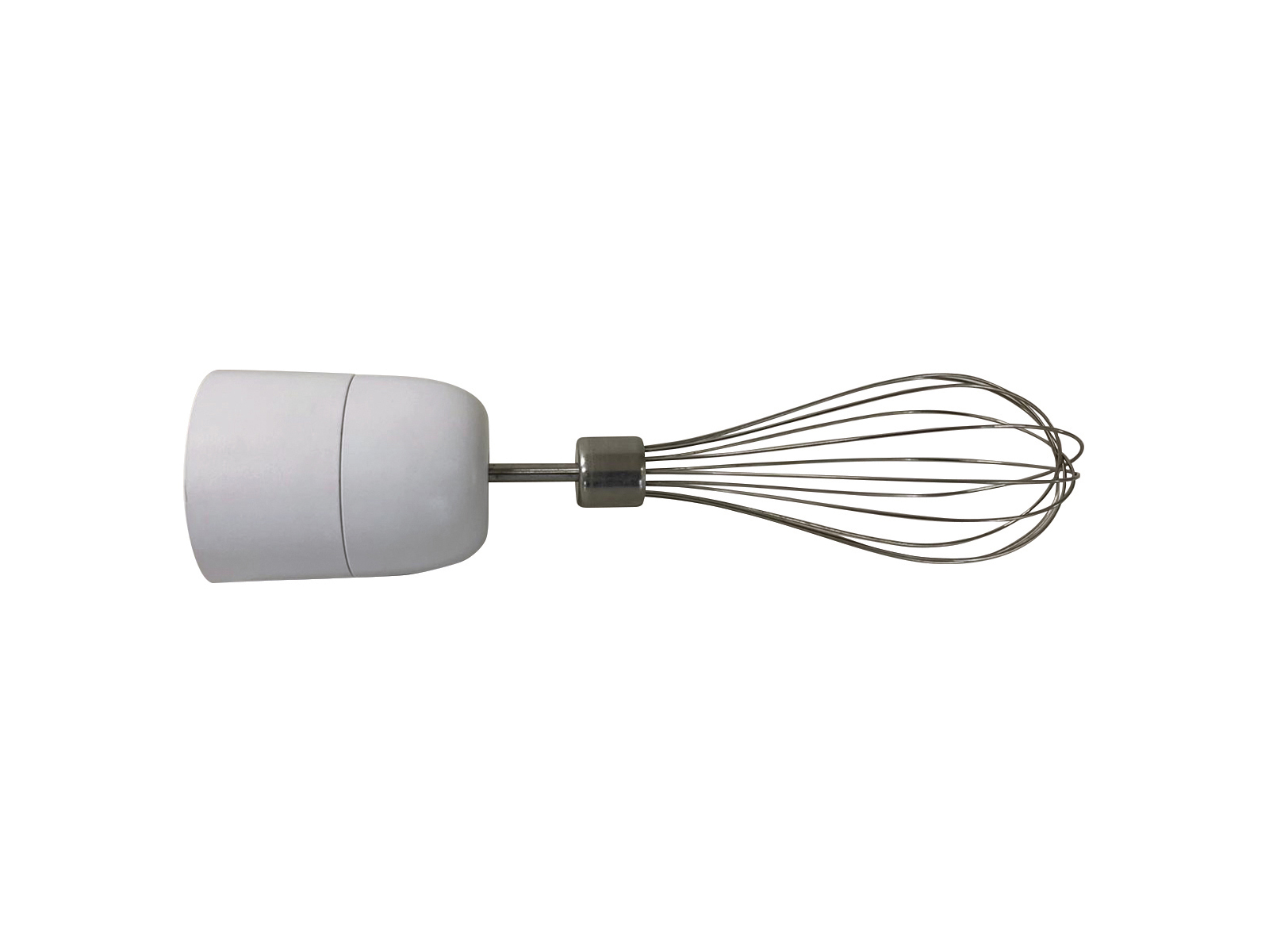 Electrodoméstico blanco con accesorio de batidora. El batidor es de alambre y el electrodoméstico es blanco.