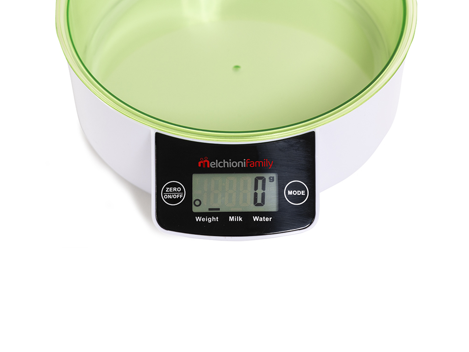 Digitalwaage mit Schüssel. Zeigt Gewichts-, Milch- und Wasseroptionen an. Weißer Hintergrund.