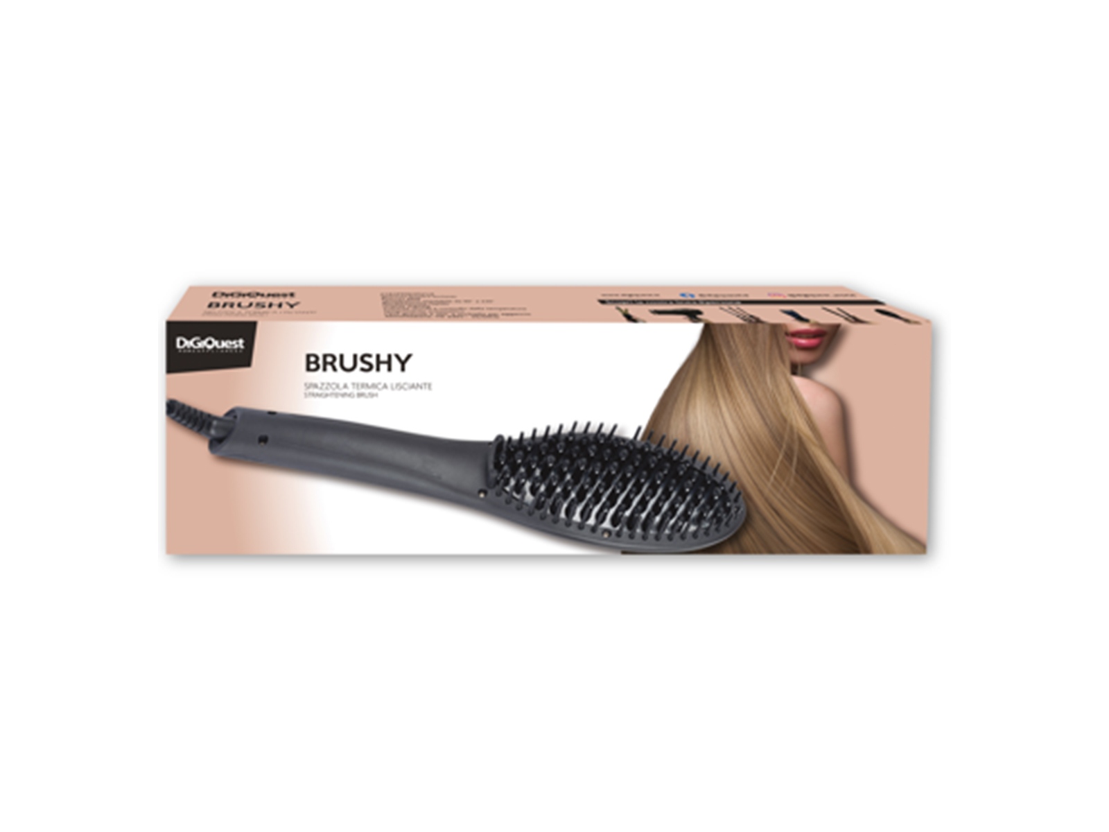 Caja con cepillo alisador dentro. Se ve una mujer con el pelo liso.